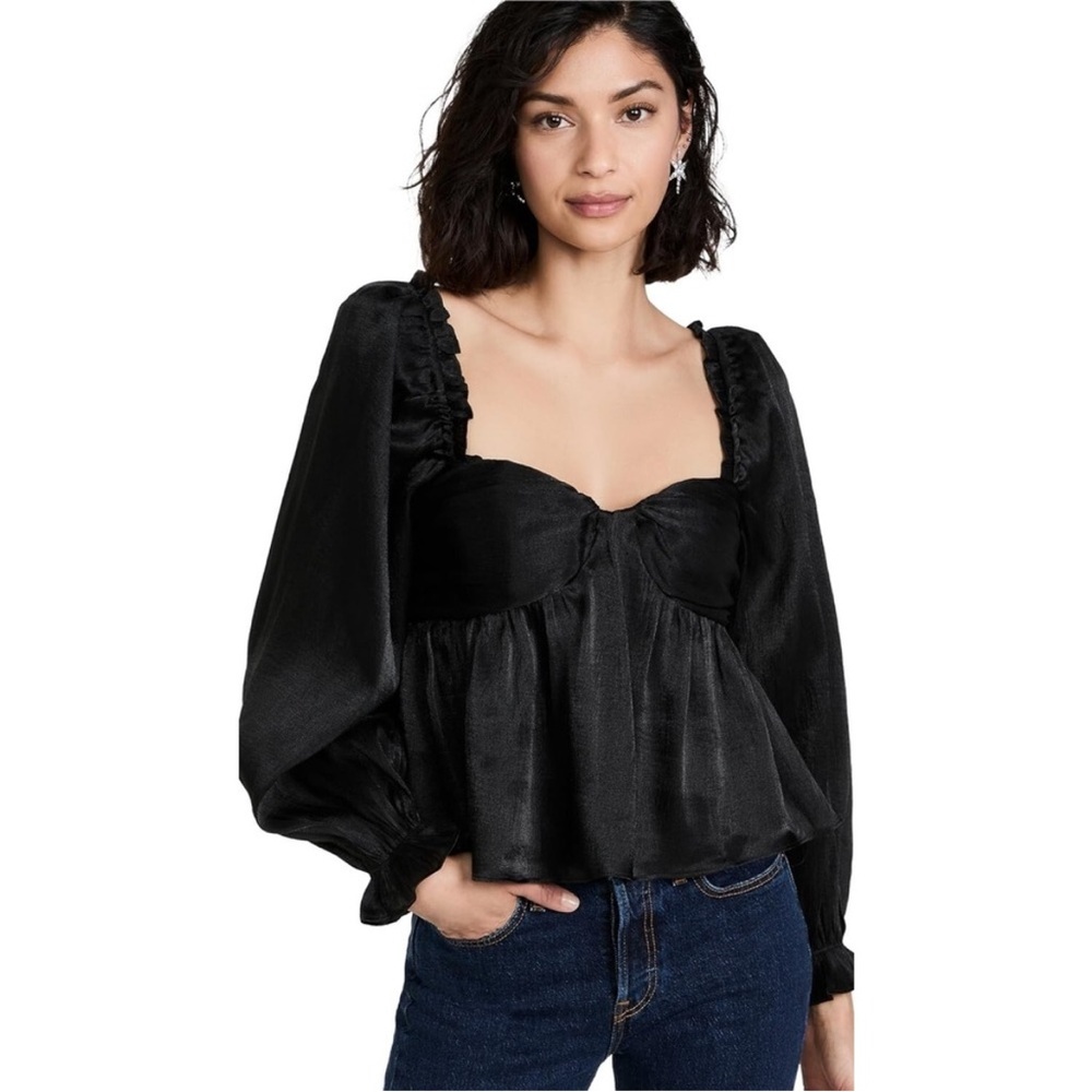 ASTR Irene Sweetheart Top Black Shine Babydoll Puff Sleeve Peplum S
